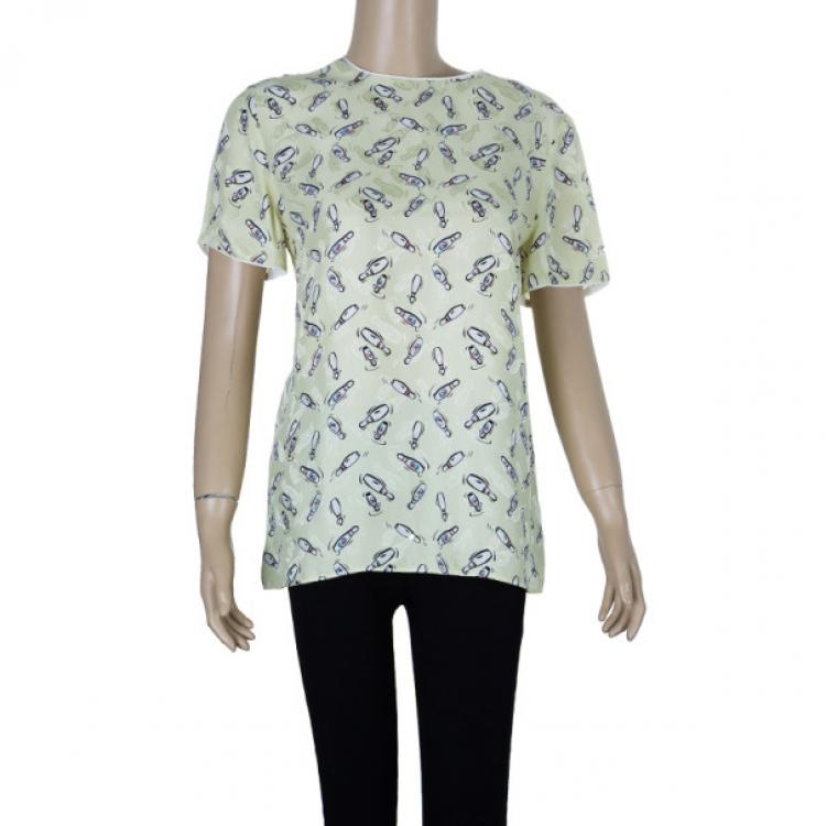 Pre Owned Miu Miu Yellow Bottle Printed Silk Top M