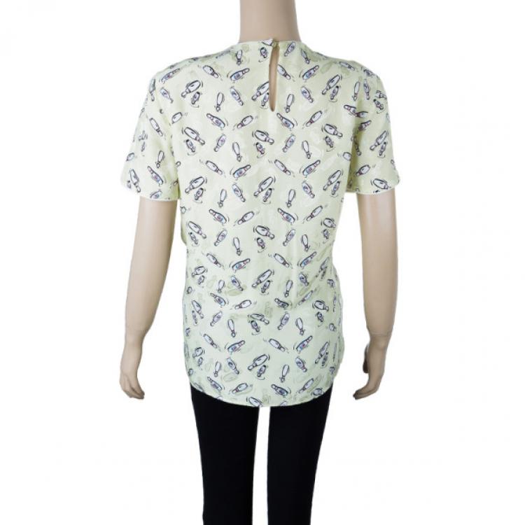 Pre Owned Miu Miu Yellow Bottle Printed Silk Top M