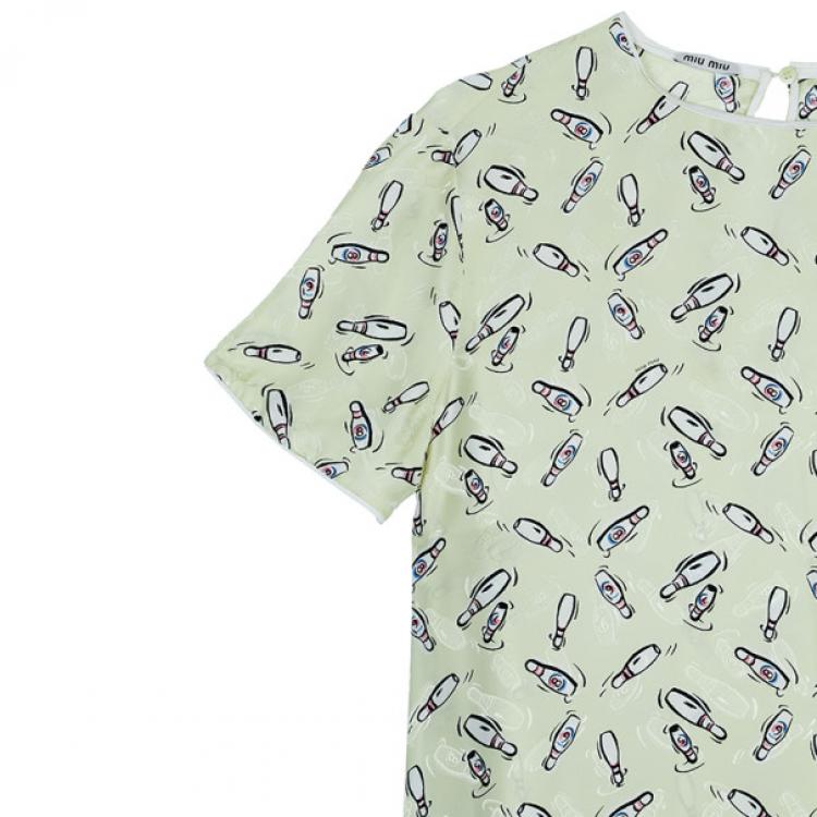 Pre Owned Miu Miu Yellow Bottle Printed Silk Top M