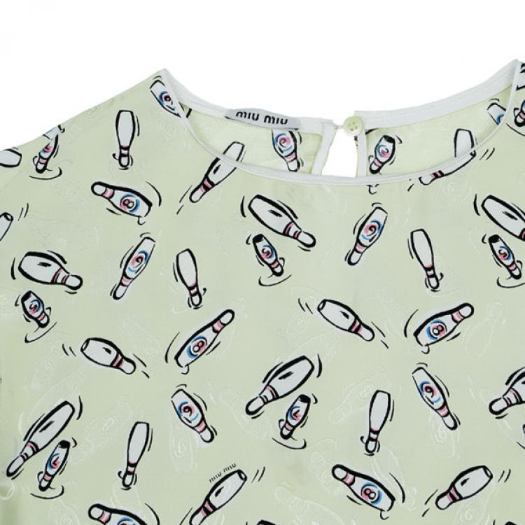 Pre Owned Miu Miu Yellow Bottle Printed Silk Top M