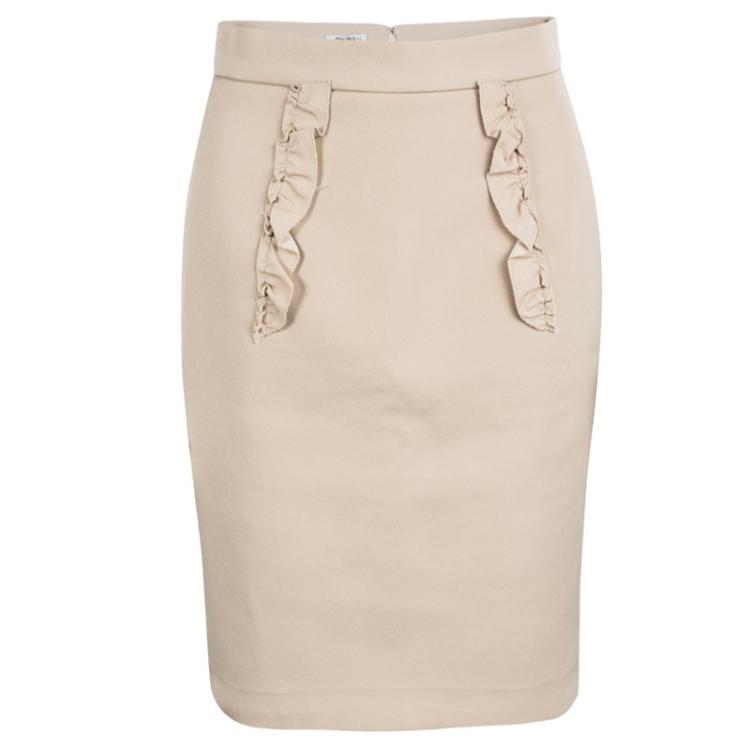 Pre Owned Miu Miu Beige Ruffle Detail Pencil Skirt S