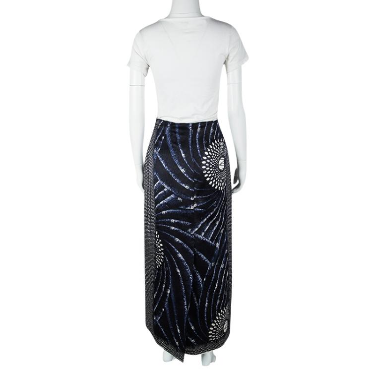 Pre Owned Miu Miu Blue Abstract Printed Silk Textured Maxi Skirt L