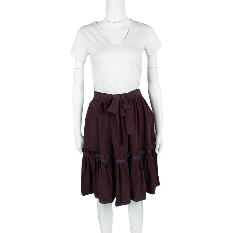 Pre Owned Miu Miu Burgundy Silk Tie Detail Ruffled Skirt M