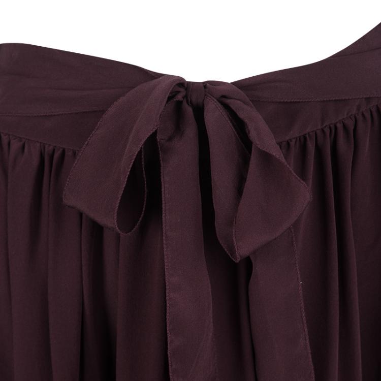 Pre Owned Miu Miu Burgundy Silk Tie Detail Ruffled Skirt M