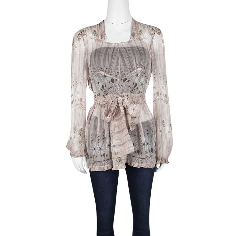 Pre Owned Miu Miu Pale Pink Floral Print Tie Detail Ruffled Silk Top S