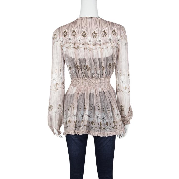 Pre Owned Miu Miu Pale Pink Floral Print Tie Detail Ruffled Silk Top S