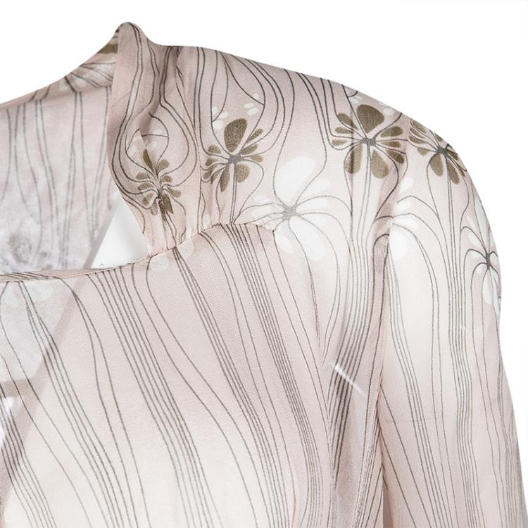 Pre Owned Miu Miu Pale Pink Floral Print Tie Detail Ruffled Silk Top S