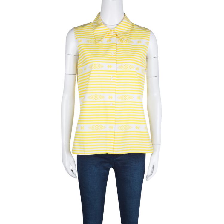 Pre Owned Miu Miu Yellow and White Striped Aztec Print  Sleeveless Cotton Shirt M