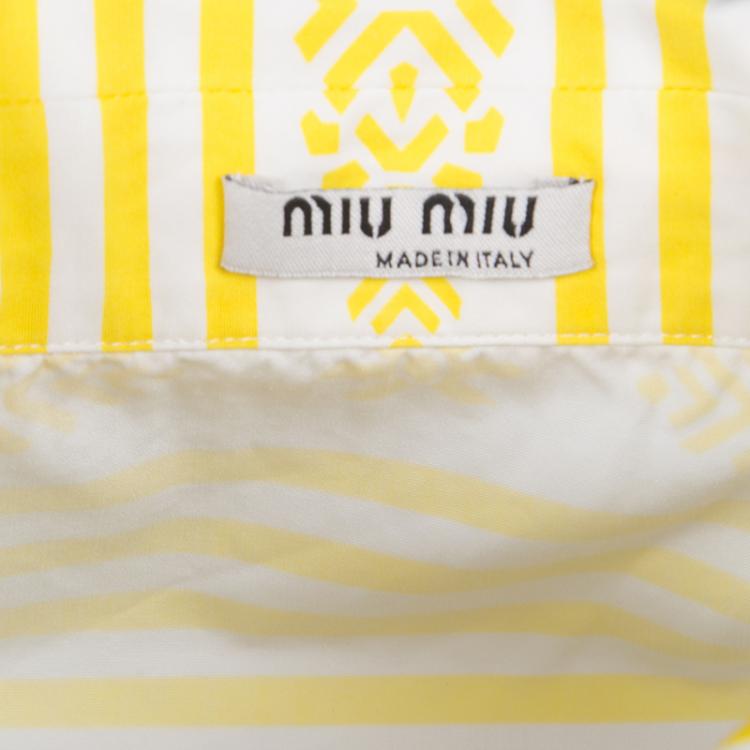 Pre Owned Miu Miu Yellow and White Striped Aztec Print  Sleeveless Cotton Shirt M