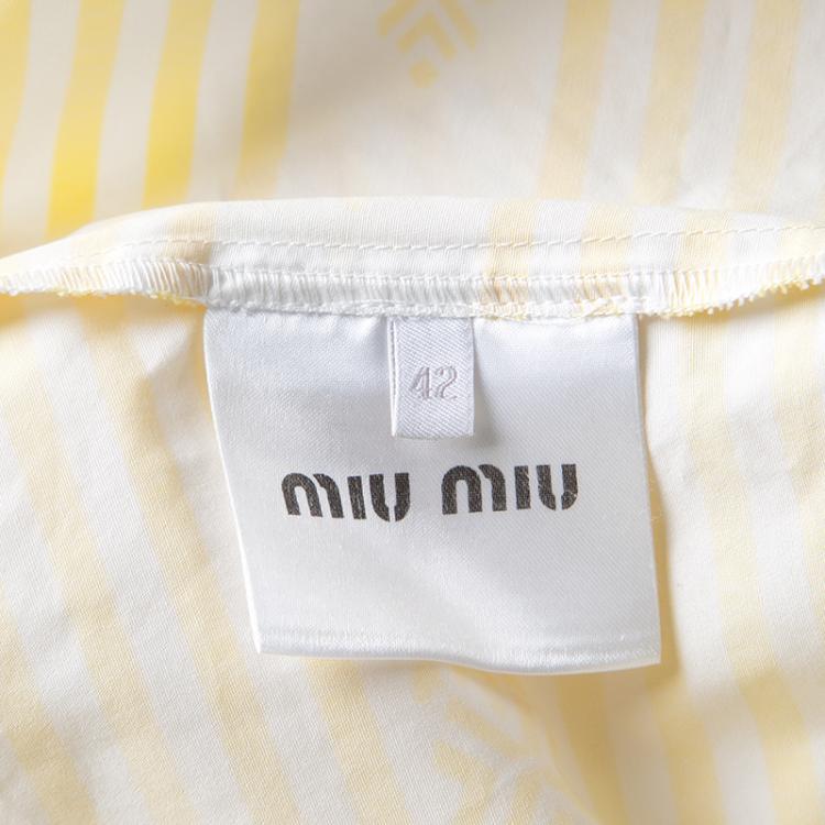 Pre Owned Miu Miu Yellow and White Striped Aztec Print  Sleeveless Cotton Shirt M