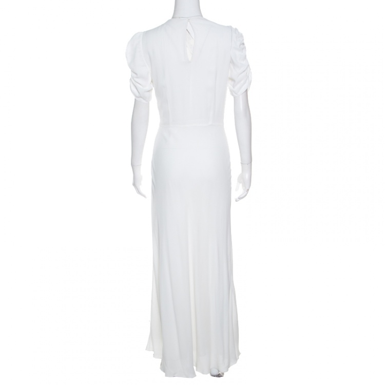 Pre Owned Miu Miu White Floral Embellished Neck Ruched Sleeve Dress S