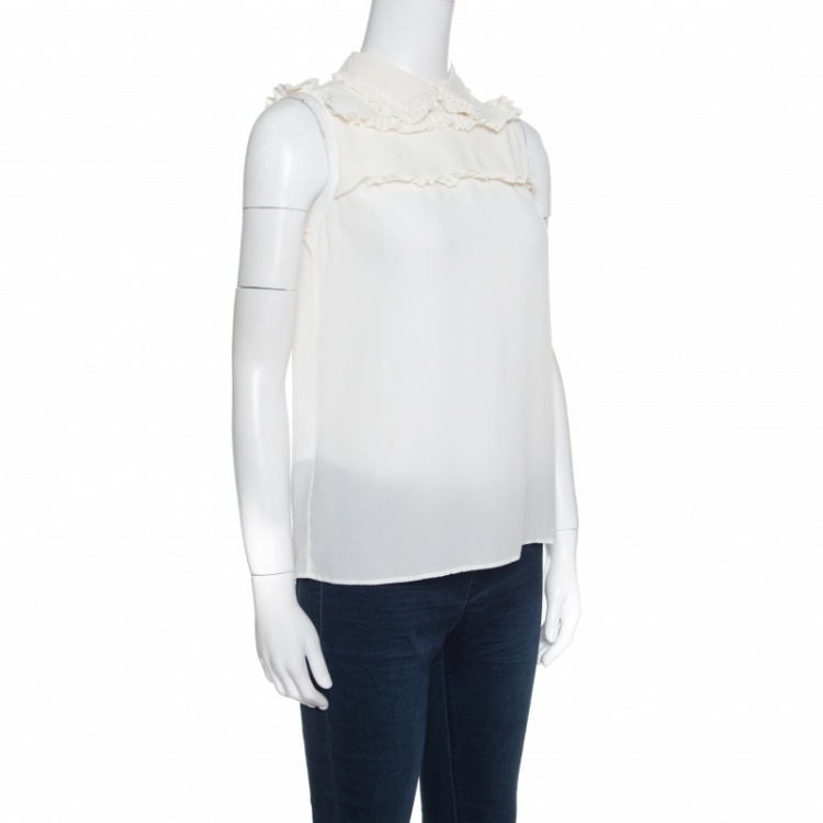 Pre Owned Miu Miu Cream Silk Crepe Pom Pom Ruffle Trim Sleeveless Top S