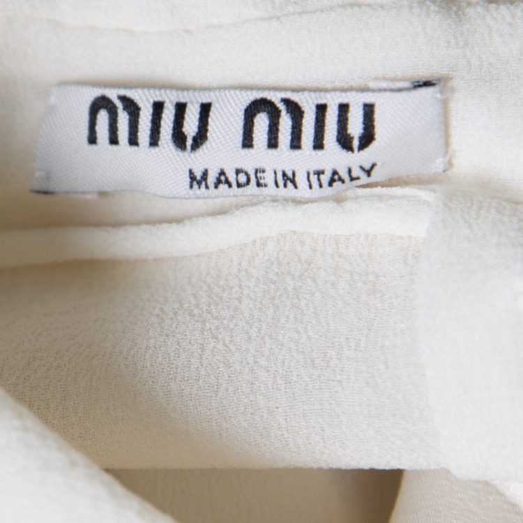 Pre Owned Miu Miu Cream Silk Crepe Pom Pom Ruffle Trim Sleeveless Top S