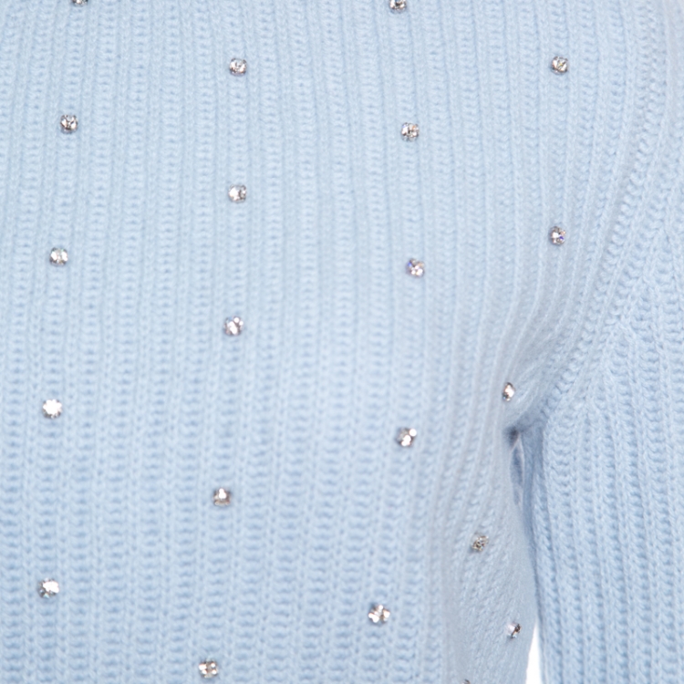 Pre Owned Miu Miu Powder Blue Crystal Embellished Cropped Cashmere Sweater M