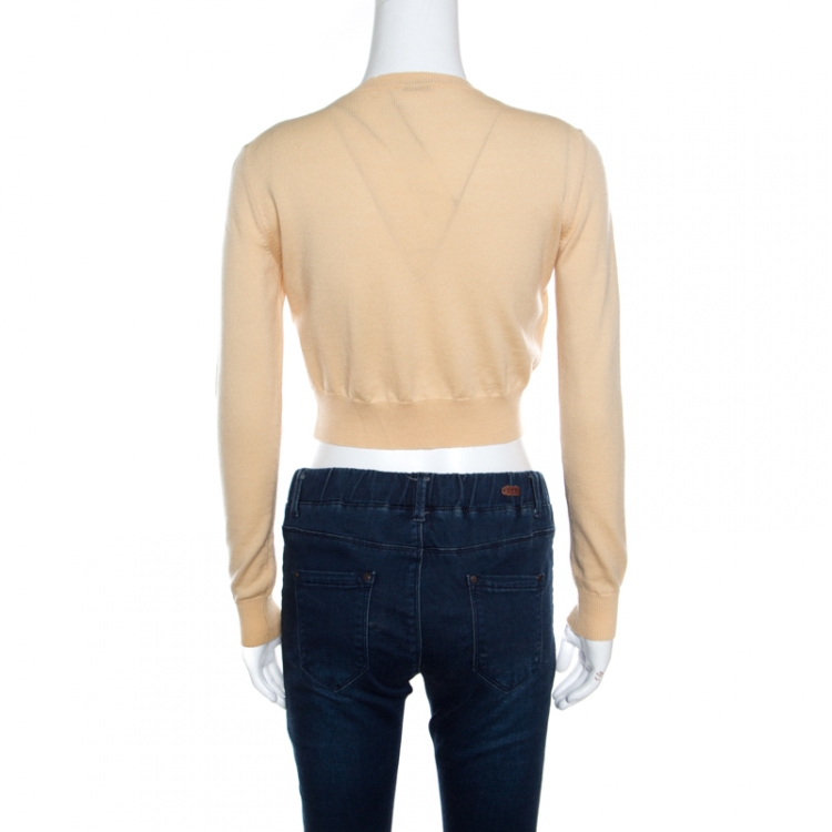 Pre Owned Miu Miu Beige Wool Embellished Cropped Sweater S