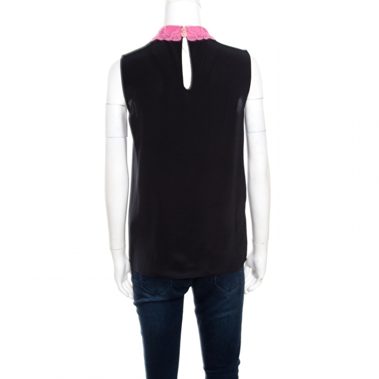 Pre Owned Miu Miu Black Silk Contrast Lace Collar Sleeveless Boxy Blouse S