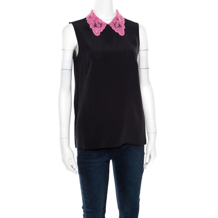 Pre Owned Miu Miu Black Silk Contrast Lace Collar Sleeveless Boxy Blouse S