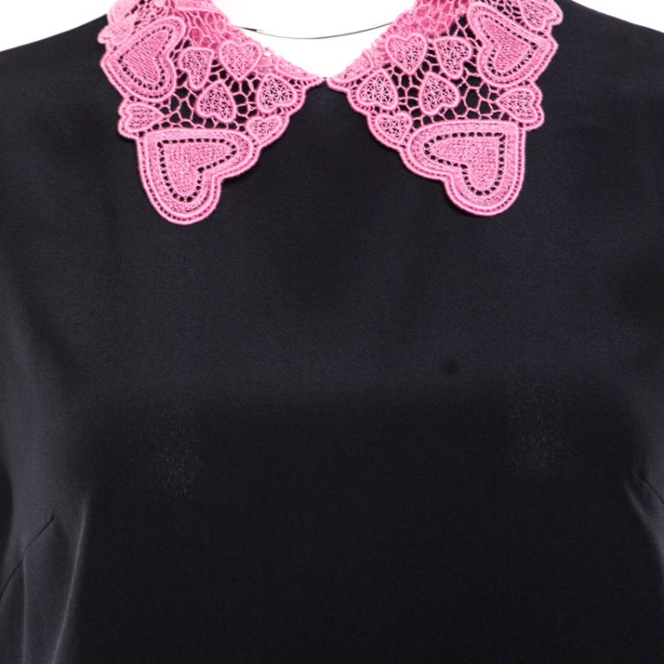 Pre Owned Miu Miu Black Silk Contrast Lace Collar Sleeveless Boxy Blouse S