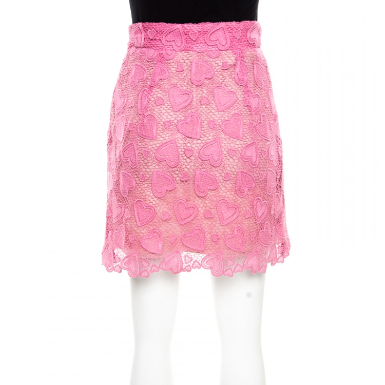 Pre Owned Miu Miu Petal Pink Heart Motif Cotton Lace Scalloped Mini Skirt S