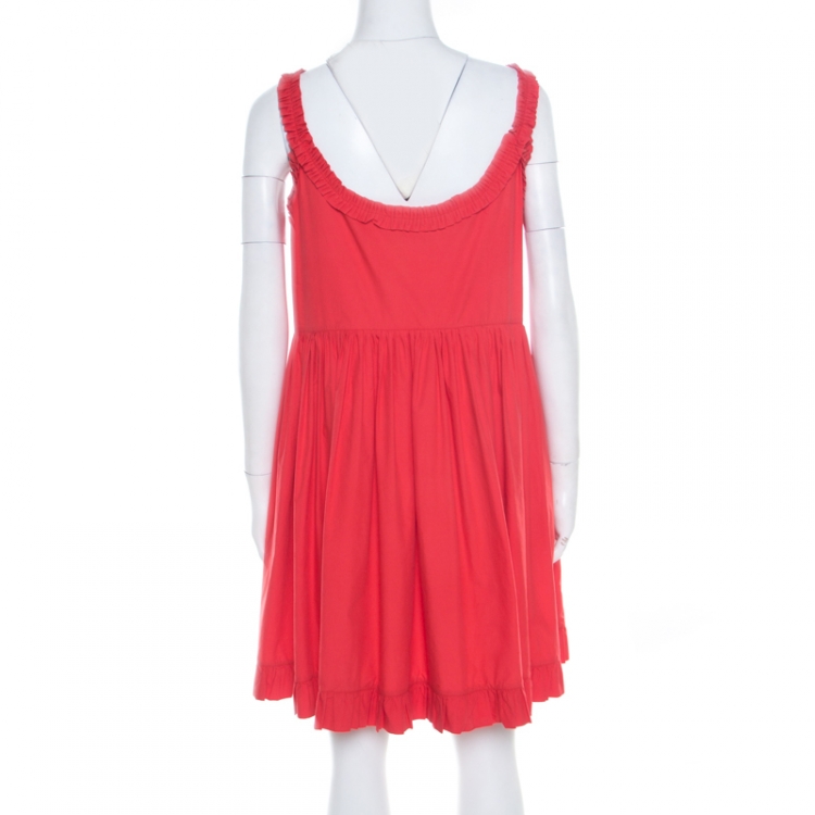 Pre Owned Miu Miu Red Cotton Ruffle Trim Sleeveless Gathered Dress M