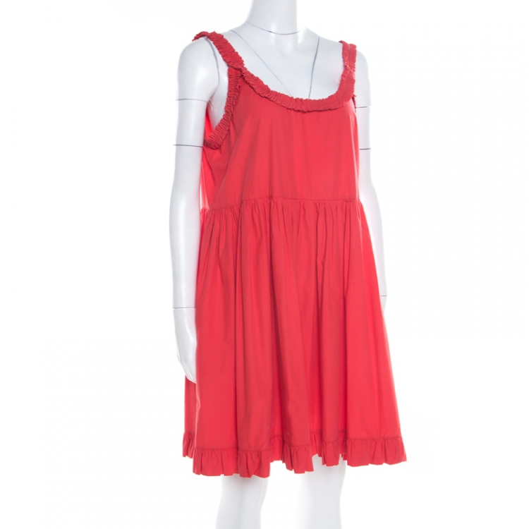Pre Owned Miu Miu Red Cotton Ruffle Trim Sleeveless Gathered Dress M
