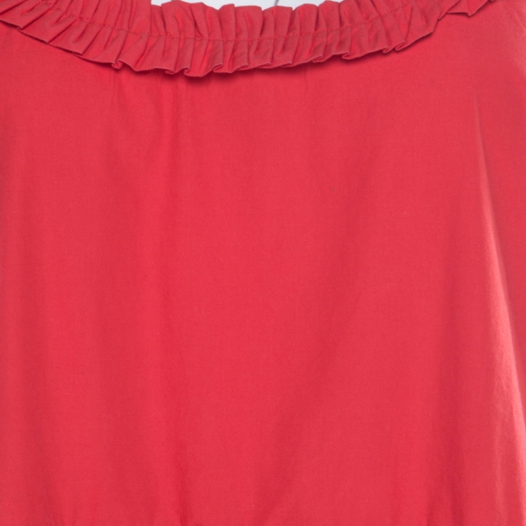 Pre Owned Miu Miu Red Cotton Ruffle Trim Sleeveless Gathered Dress M