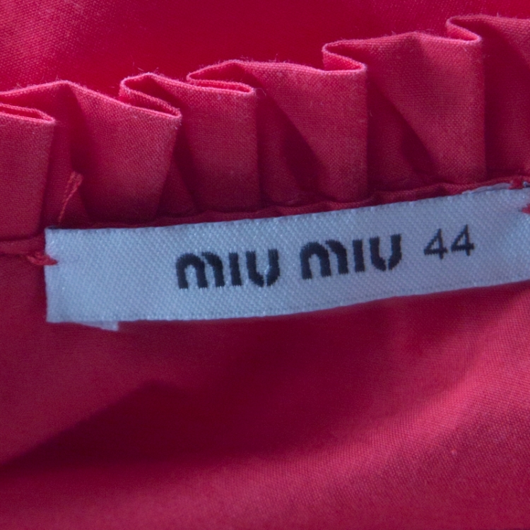Pre Owned Miu Miu Red Cotton Ruffle Trim Sleeveless Gathered Dress M