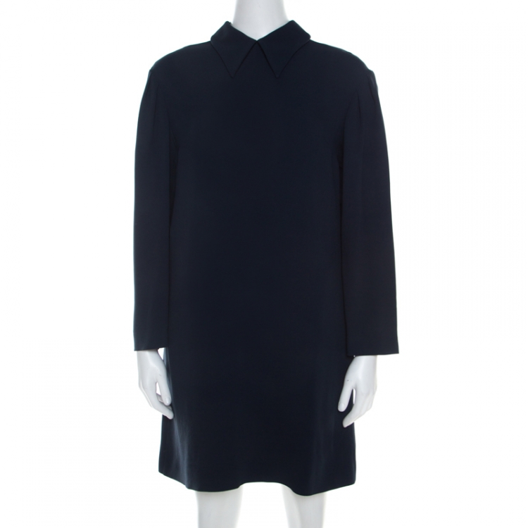 Pre Owned Miu Miu Navy Blue Crepe Long Sleeve Shift Dress S