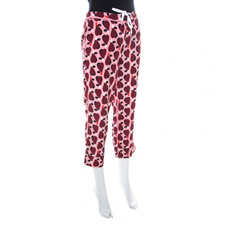 Pre Owned Miu Miu Pink Printed Silk Cropped Straight Leg Trousers XS
