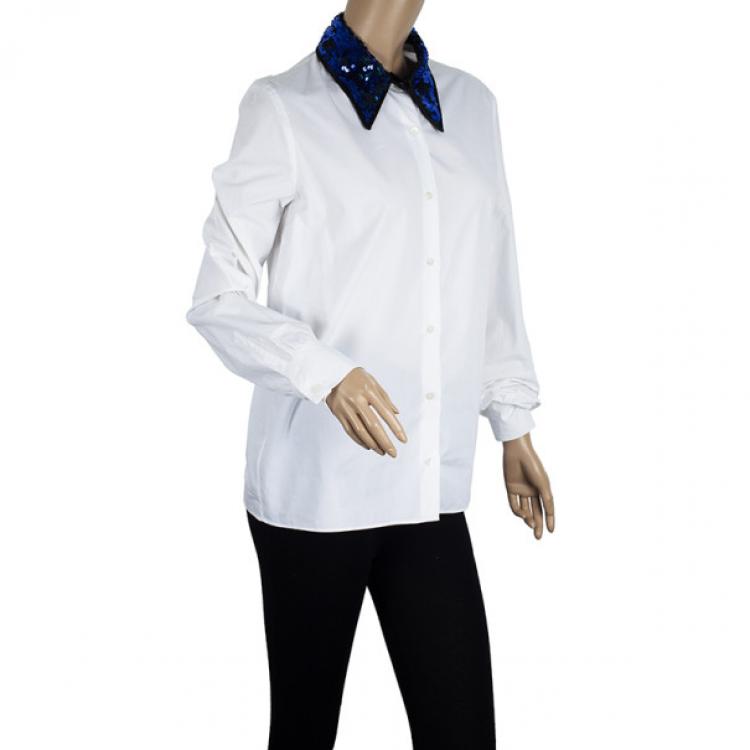 Pre Owned Miu Miu Blue Sequined Collar White Poplin Shirt L