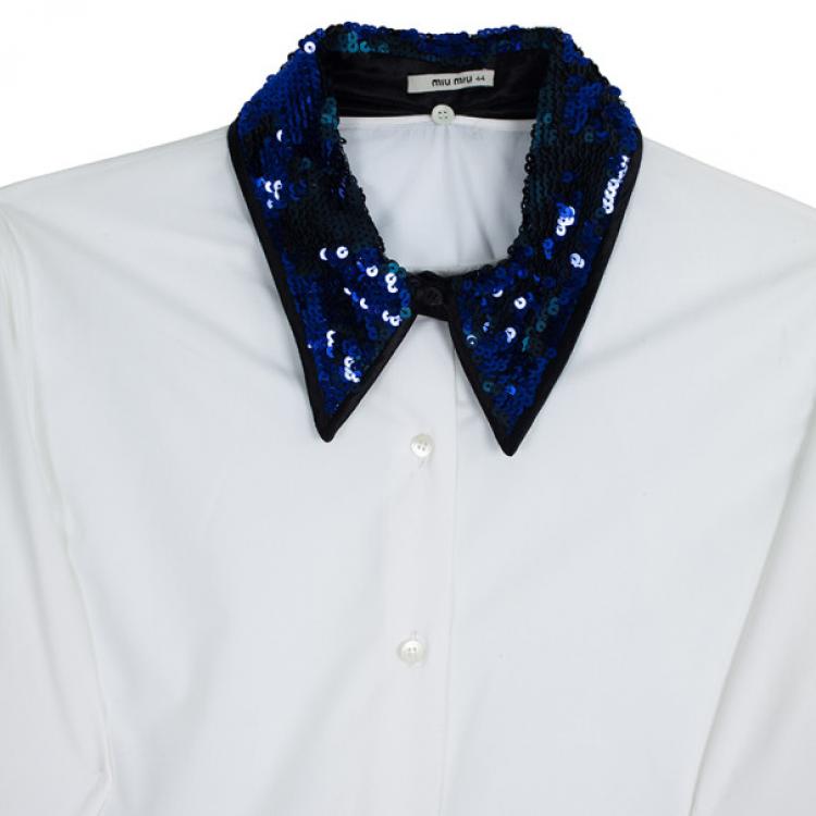 Pre Owned Miu Miu Blue Sequined Collar White Poplin Shirt L