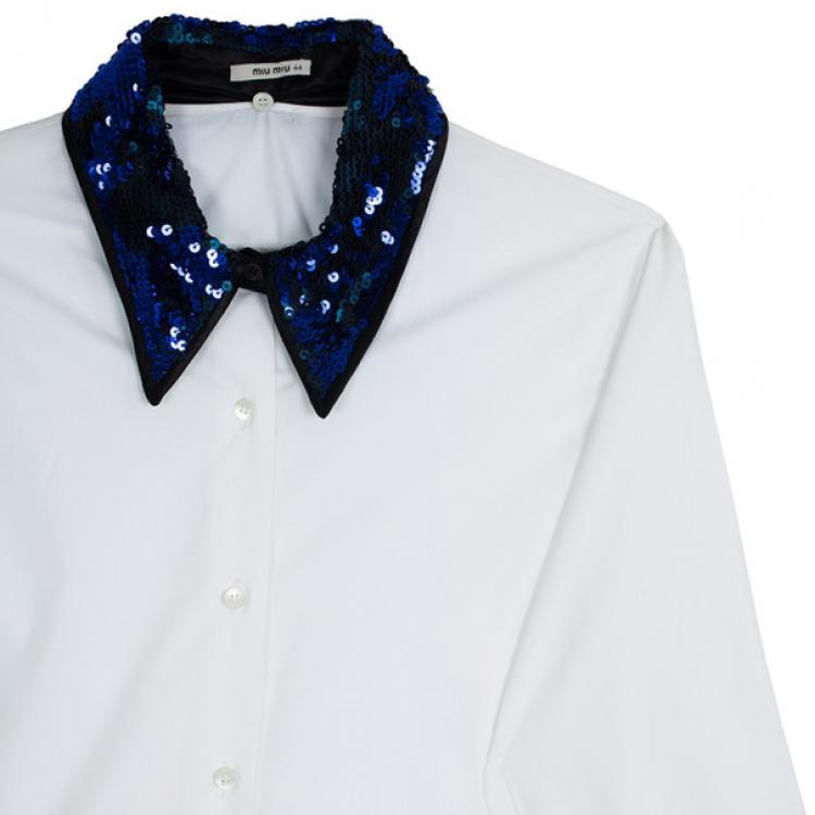 Pre Owned Miu Miu Blue Sequined Collar White Poplin Shirt L
