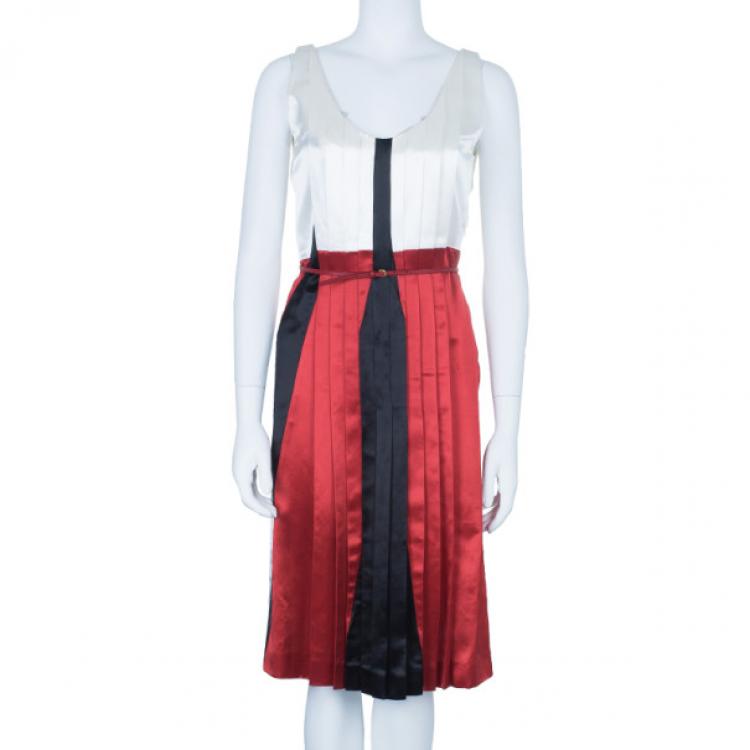 Pre Owned Miu Miu Satin Pleated Colorblock Belted Dress S