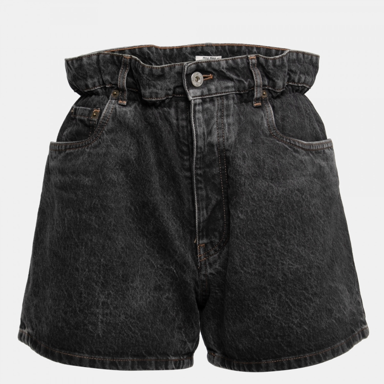 Pre Owned Miu Miu Dark Grey Distressed Denim High Waisted Shorts S
