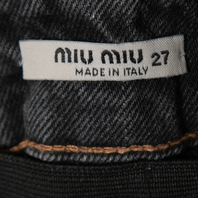 Pre Owned Miu Miu Dark Grey Distressed Denim High Waisted Shorts S