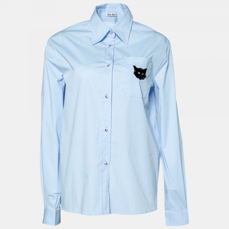 Pre Owned Miu Miu Blue Embellished Pocket Detail Button Front Shirt S