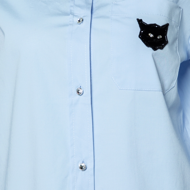 Pre Owned Miu Miu Blue Embellished Pocket Detail Button Front Shirt S