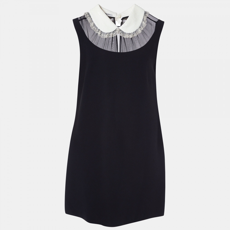 Pre Owned Miu Miu Black Crepe Embellished Collar Detail Sleeveless Shift Dress M