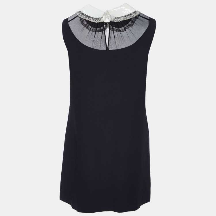 Pre Owned Miu Miu Black Crepe Embellished Collar Detail Sleeveless Shift Dress M