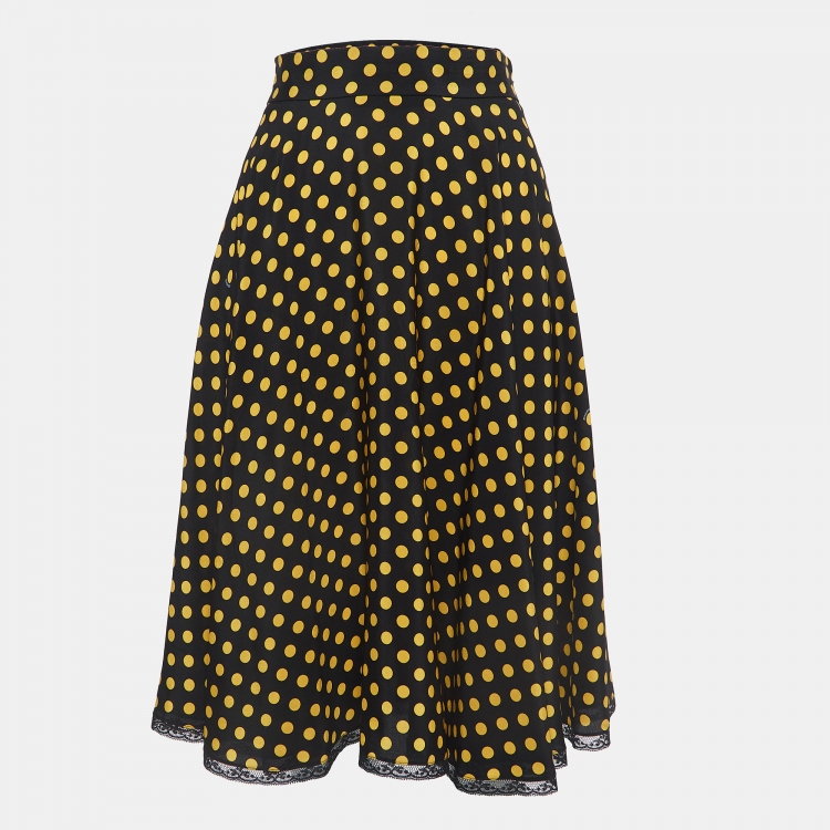Pre Owned Miu Miu Black Dotted Silk Lace Trimmed Midi Skirt M