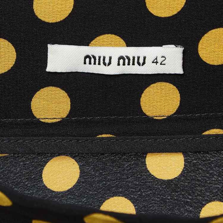 Pre Owned Miu Miu Black Dotted Silk Lace Trimmed Midi Skirt M