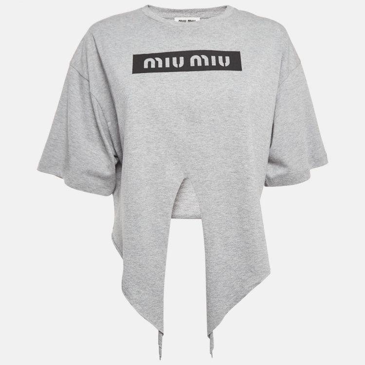 Pre Owned Miu Miu Grey Logo Print Cotton Knotted Crop Top M