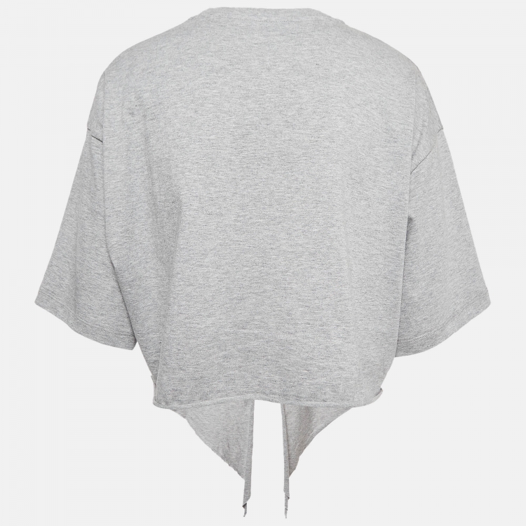 Pre Owned Miu Miu Grey Logo Print Cotton Knotted Crop Top M