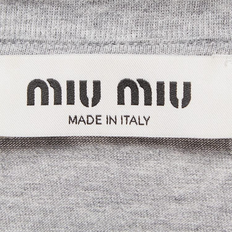 Pre Owned Miu Miu Grey Logo Print Cotton Knotted Crop Top M