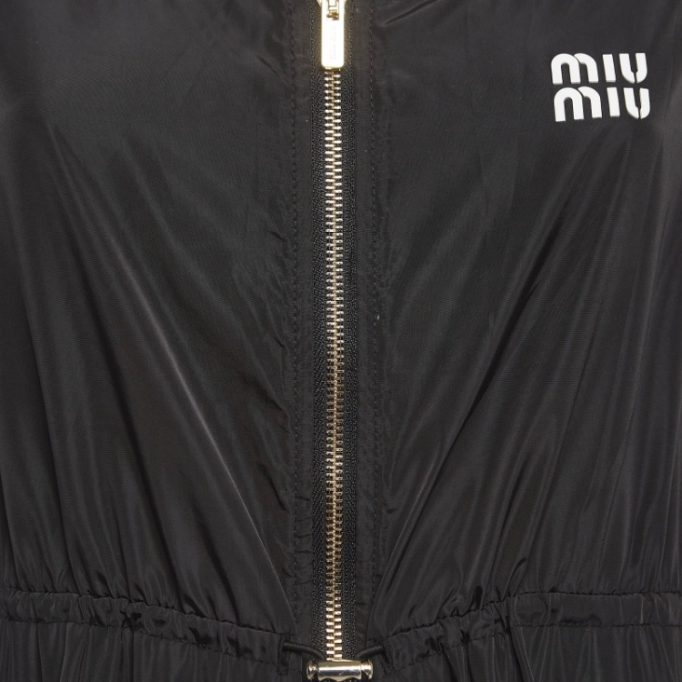 Pre Owned Miu Miu Black Logo Print Synthetic Zip-Up Midi Dress M