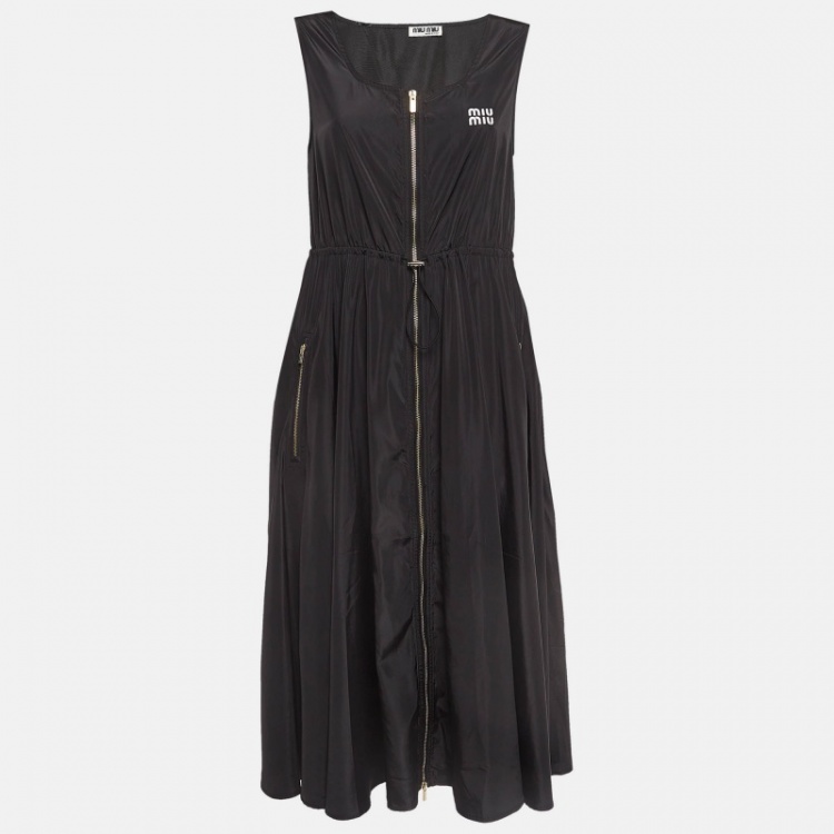 Pre Owned Miu Miu Black Logo Print Synthetic Zip-Up Midi Dress M