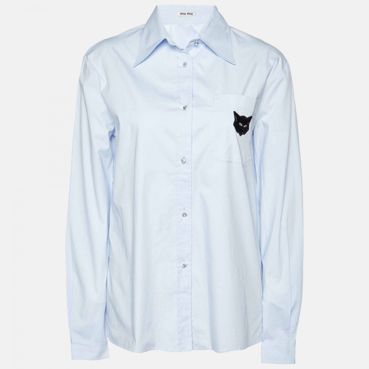 Pre Owned Miu Miu Blue Cotton Cat Appliqued Long Sleeve Shirt S