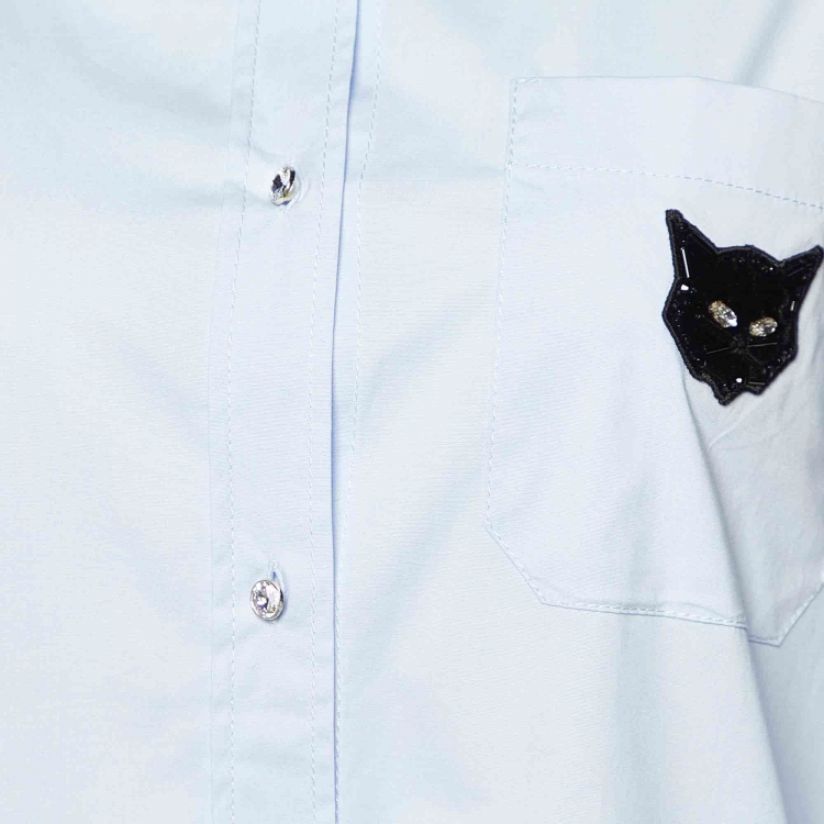 Pre Owned Miu Miu Blue Cotton Cat Appliqued Long Sleeve Shirt S