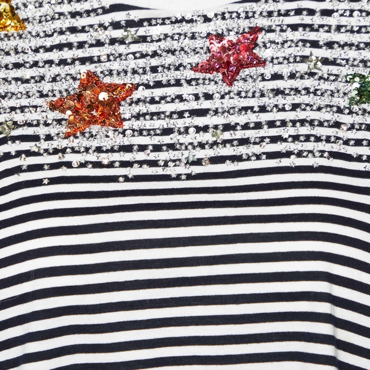 Pre Owned Miu Miu Monochrome Striped Cotton Embellished T-Shirt M