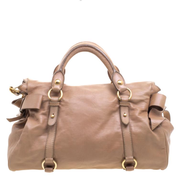 Pre Owned Miu Miu Beige Leather Bow Top Handle Bag